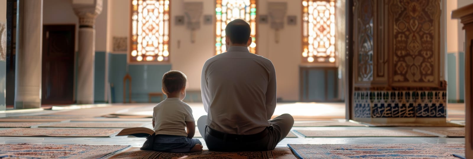 A Muslim father engages in the act of reading the holy book of Islam, immersing himself in its teachings and wisdom as a devoted parent.