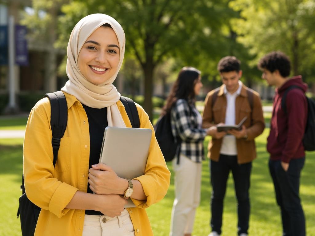 Smiling young Muslim woman in a cream hijab and bright yellow shirt stands on a university campus lawn, holding a laptop to her chest with a backpack on her shoulders, while three other students chat in the blurred background, conveying confidence, diversity, and a welcoming Islamic community.
